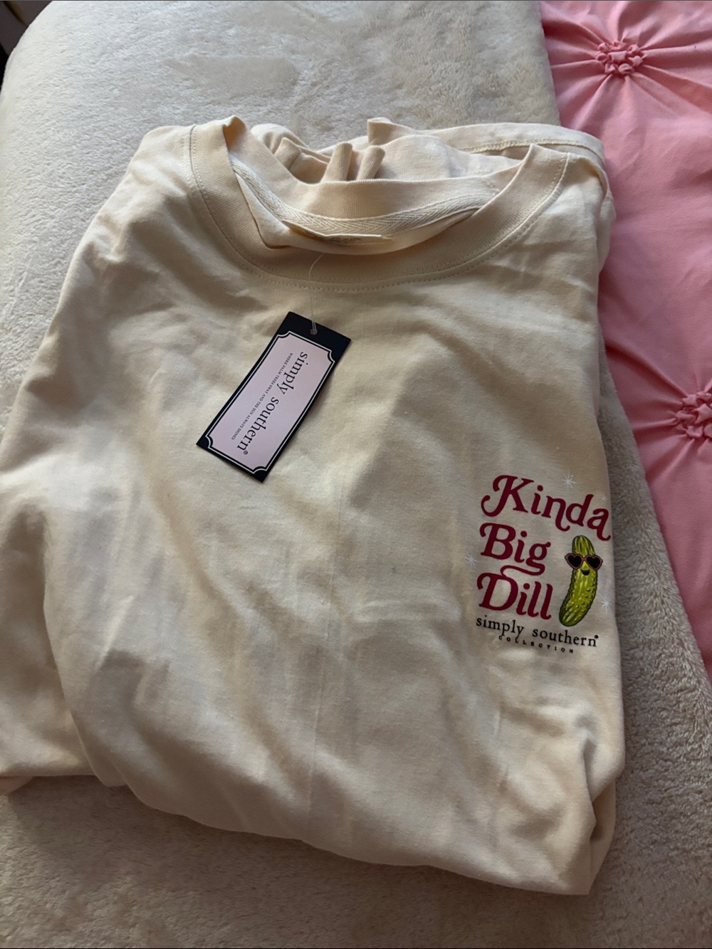 Simply Southern Cream Long Sleeve "Kinda Big Dill" Tee with Green Pickle Graphic